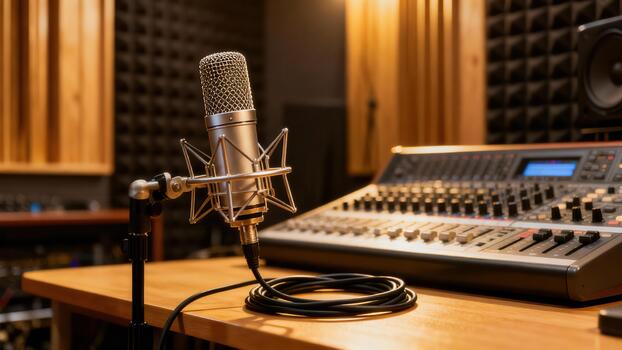Large-diaphragm silver condenser microphone positioned on a wooden desk with a sound mixing console and acoustic pyramid foam panels in a professional recording . photo