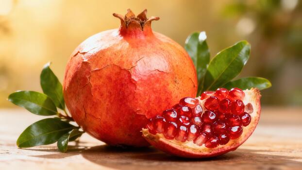 Red pomegranate fruit displayed alongside a cut section revealing vibrant ruby arils and green leaves on a rustic wooden surface. photo