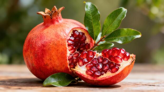 Ripe red pomegranate fruit and half showing exposed deep ruby red arils with green leaves on a rustic wooden surface outside. photo