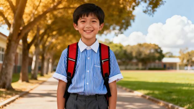 Smiling Asian student wearing a blue striped uniform shirt and red backpack stands on a path lined with tall trees near the school building. photo