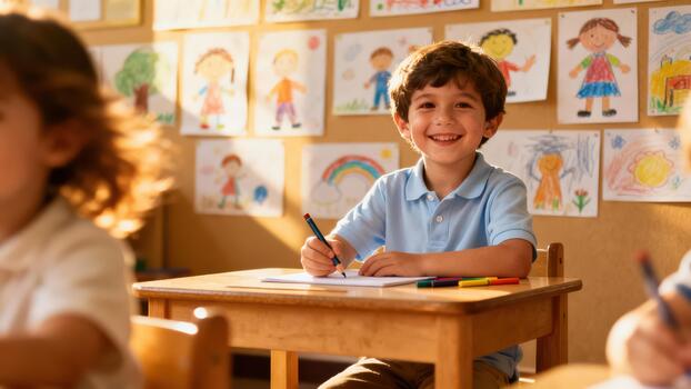 Joyful elementary aged boy smiles while working on paper with a pencil at a wooden classroom desk surrounded by student drawings. photo