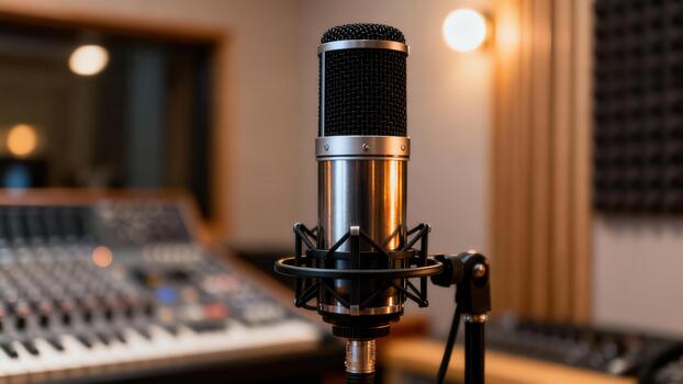 Condenser microphone centered in a recording control room with a large sound mixing board blurred behind it. photo