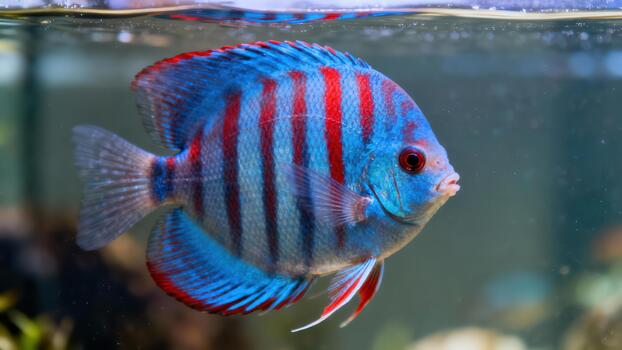 Brilliant turquoise Discus fish exhibiting striking vertical red stripe patterns while swimming near the water surface. photo