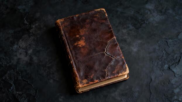 Distressed, aged brown leather bound book featuring deep cracks, resting dramatically on dark gray textured slate. photo