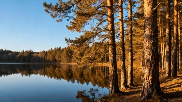 Scots Pine trees standing tall along the calm lake shore reflecting perfectly in the still water under golden hour sunlight. photo