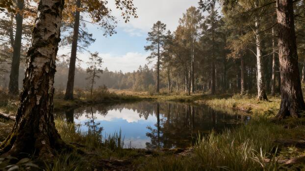 Still dark forest pond reflecting blue cloudy sky bordered by textured birch trunk and green marsh grass. photo