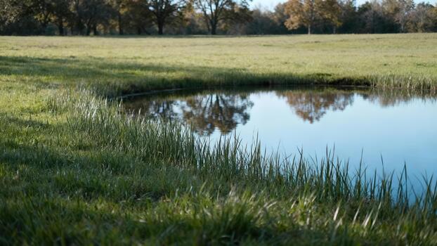 Tranquil small pond reflecting tree foliage and blue sky, bordered by bright green marsh grass in an open sunny field. photo