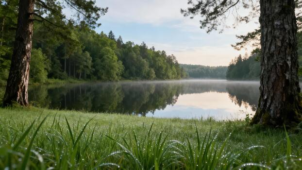 Dew covered bright green grass framing a serene lake with morning mist reflecting dense evergreen forest trees under a soft dawn sky. photo