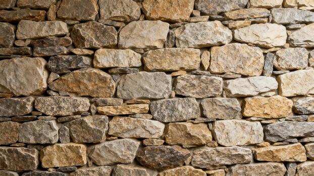 Rustic natural stacked stone wall built with irregular fieldstones and rubble featuring variegated shades of tan, brown, beige, and gray. photo