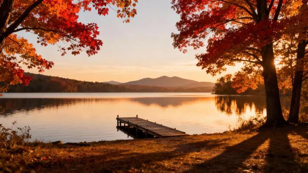 Wooden dock extending into a calm lake surrounded by vibrant red autumn maple leaves and silhouetted mountains at golden hour. photo