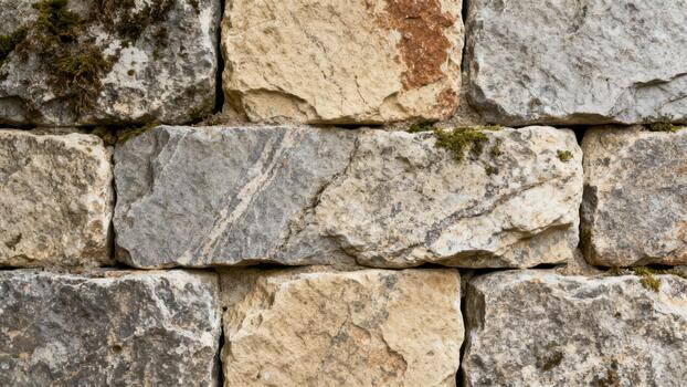 Textured stonework wall built from rugged rectangular gray and beige quarried stone blocks featuring green moss growth. photo