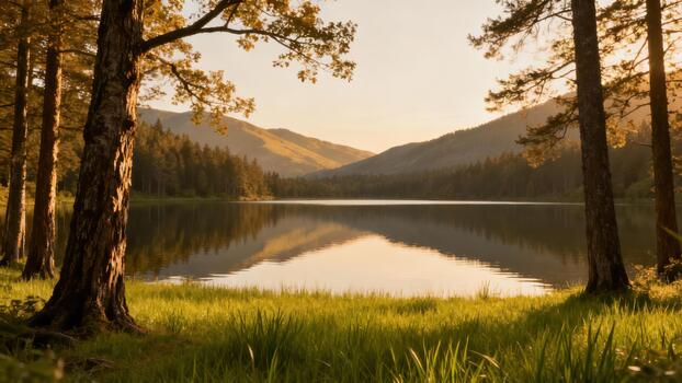 Tranquil lake reflecting forested mountains framed by tall pine tree trunks at glowing sunset. photo