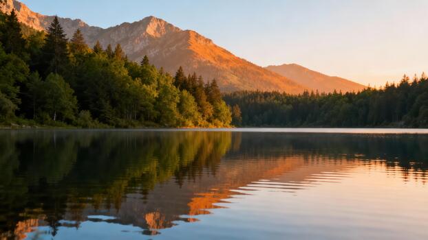 Jagged mountain peaks illuminated by warm golden morning light reflecting in the calm surface of the vast alpine lake surrounded by dense evergreen forest. photo