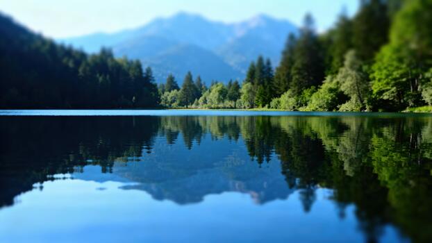 Serene mountain lake reflects lush green forest and distant hazy blue peaks utilizing a miniature tilt-shift effect. photo