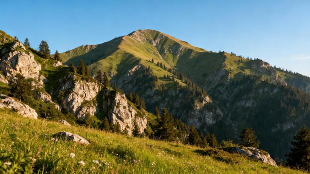 Steep alpine mountain summit covered with bright green meadow grass and scattered conifer trees illuminated by golden hour sunlight. photo