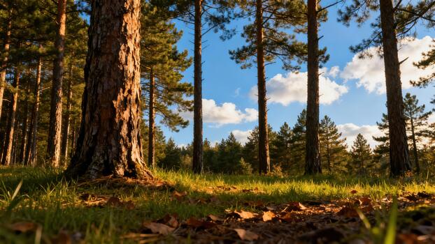 Sunlight warming the thick bark of a tall pine tree trunk standing on lush green forest floor under a bright blue cloudy sky. photo