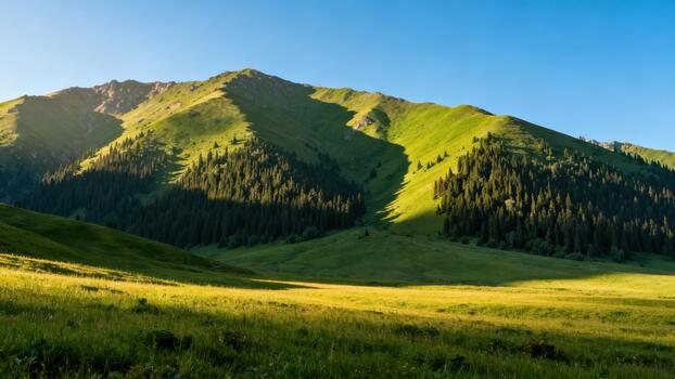 Steep grassy mountain slopes sharply illuminated by golden hour sunlight contrasting with dark evergreen forest shadows under a clear azure sky. photo