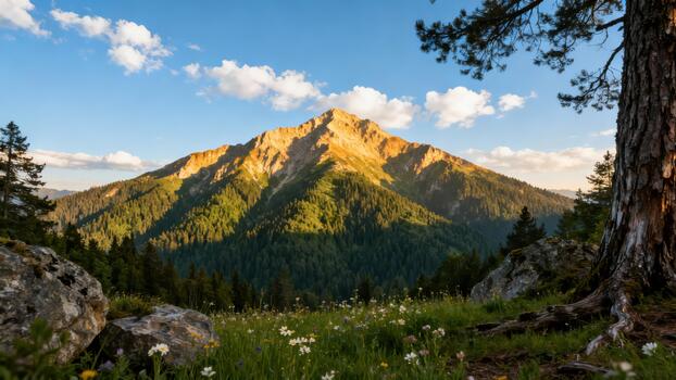 Majestic sharp mountain peak bathed in golden light above a coniferous forest meadow framed by boulders and an old pine tree trunk. photo