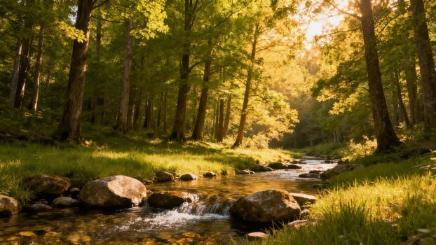 Rocky stream winding through lush woodland grass illuminated by intense golden sunlight filtering through the dense green tree canopy. photo