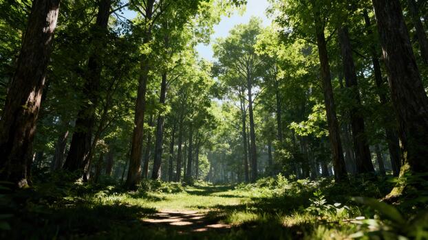 Sunlight streams through the lush green canopy of a dense forest onto a grassy path bordered by tall tree trunks. photo