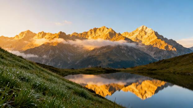 Jagged alpine peaks catching golden light reflect in a calm mountain lake with sparkling dew drops covering the bright green grass. photo