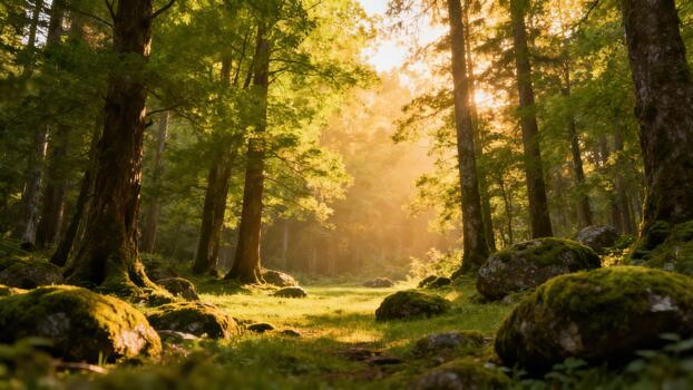 Golden light streams through the dense tree canopy, illuminating moss covered boulders and vibrant green grass in a tranquil woodland. photo