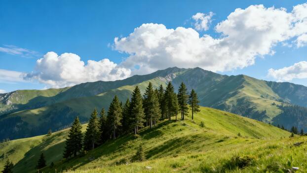 Steep green alpine meadow hills dotted with dark coniferous trees extending toward rugged mountains beneath a bright summer sky. photo