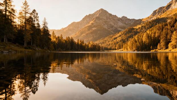 Golden sun setting over steep mountain peaks reflected in a calm forest lake surrounded by autumn trees. photo