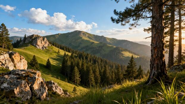 Golden hour light illuminating a steep grassy hillside covered in dark evergreen forest with large boulders and a thick pine tree trunk. photo