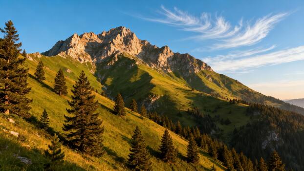 Majestic rugged peak rises above steep alpine meadow dotted with coniferous spruce trees illuminated by warm golden light. photo