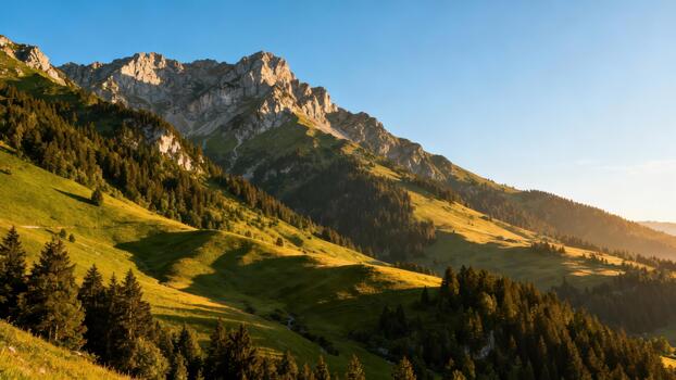 Jagged rock mountain peak illuminated by bright golden hour light towering above deep green forested alpine slopes. photo