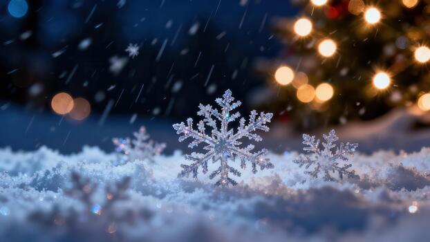 Crystal clear decorative snowflakes standing in fresh white snow during a nighttime snowfall with warm golden bokeh light background. photo
