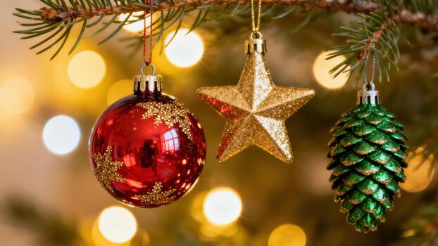 Red glitter globe, shiny gold star, and green textured pine cone ornaments hanging from an artificial pine branch with warm golden background bokeh lights. photo