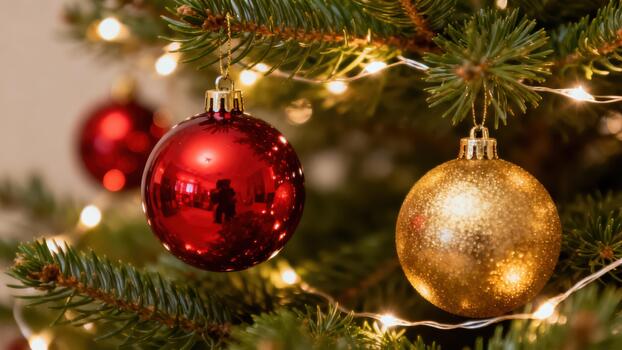 Glossy reflective red bauble and shimmering gold textured Christmas ornament hanging on a fake pine branch with string lights. photo