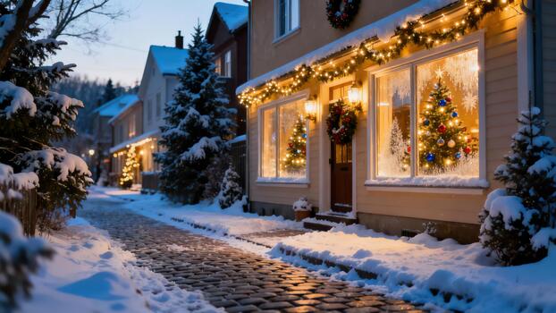 Cozy residential street covered in fresh snow with houses displaying glowing Christmas trees and warm string lights at twilight. photo