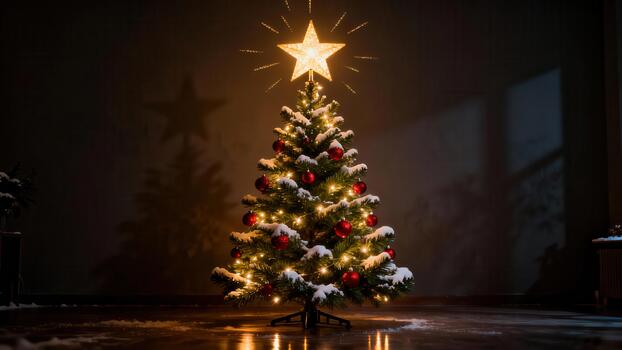 Illuminated star Christmas tree topper above a frosted pine tree decorated with warm yellow lights and shiny red baubles in a dramatic dark setting. photo