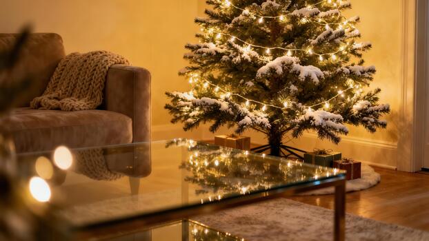 Flocked artificial pine Christmas tree adorned with glowing string lights standing beside a plush velvet sofa in a warm, cozy interior room. photo