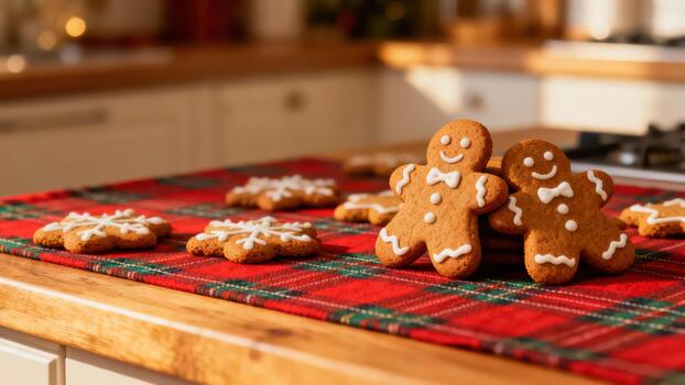 Pair of gingerbread man cookies decorated with white icing resting on a festive red tartan runner surrounded by snowflake biscuits. photo