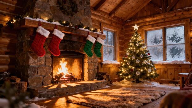 Rustic log cabin living room illuminated by fireplace light, displaying red and green knitted stockings and a decorated Christmas tree. photo