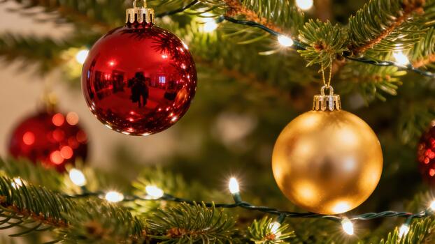Reflective red and matte golden baubles hanging among green pine needles and illuminated warm white string lights on a festive holiday Christmas tree. photo