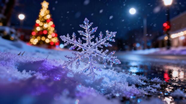 Illuminated crystalline snowflake resting on sparkling snow with a blurred yellow and red Christmas tree backdrop during a winter night. photo