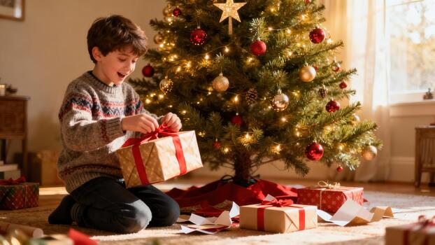 Excited boy kneels unwrapping a gift wrapped in patterned paper and red ribbon underneath a festive Christmas tree decorated with red and gold ornaments. photo