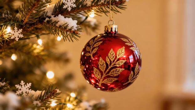 Reflective red Christmas bauble with elegant gold leaf pattern hangs on a faux pine branch dusted with snow and illuminated by warm holiday lights. photo