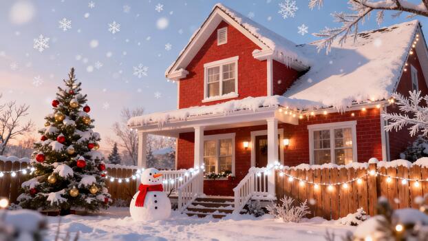 Cozy red brick house covered in snow illuminated by warm Christmas string lights beside a decorated evergreen tree and festive snowman. photo