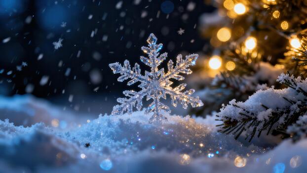 Crystalline snowflake resting on sparkling snow illuminated by warm gold bokeh lights and cold blue light during a winter night. photo