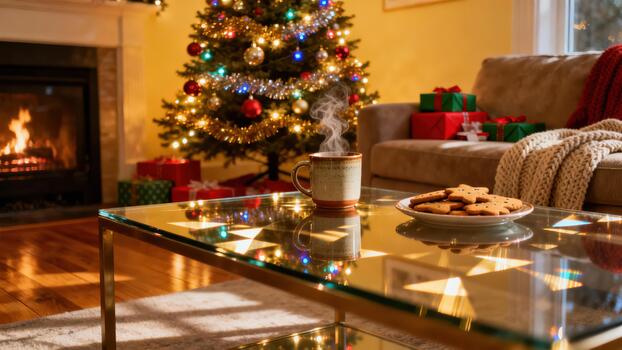 Cozy holiday scene featuring a steaming brown mug and star cookies on a reflective glass table near a glowing fireplace and decorated Christmas tree. photo