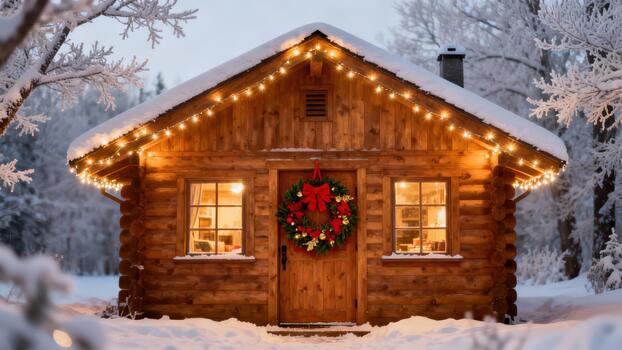 Rustic wooden log cabin covered in snow decorated with festive golden string lights and a red holiday wreath. photo