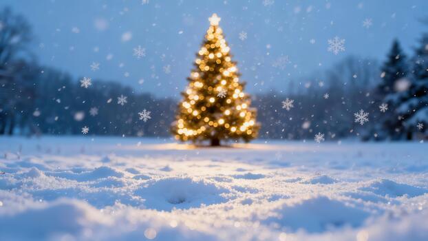Illuminated evergreen Christmas tree standing in deep snow during a twilight snowfall with warm yellow bokeh lights visible in the background. photo