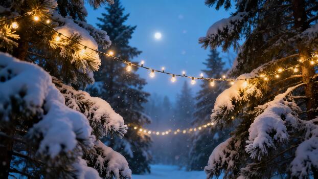 Warm festive string lights draped between snow covered evergreen pine trees during a snowy winter night under a bright moon. photo