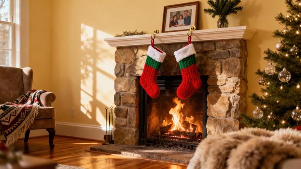 Stone fireplace burning brightly in a cozy living room decorated with two red and green knitted Christmas stockings and an illuminated holiday tree. photo